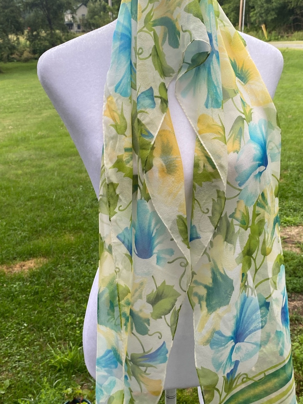 Echo Sheer Floral Scarf Wrap in Blue Green Yellow Silk Chiffon